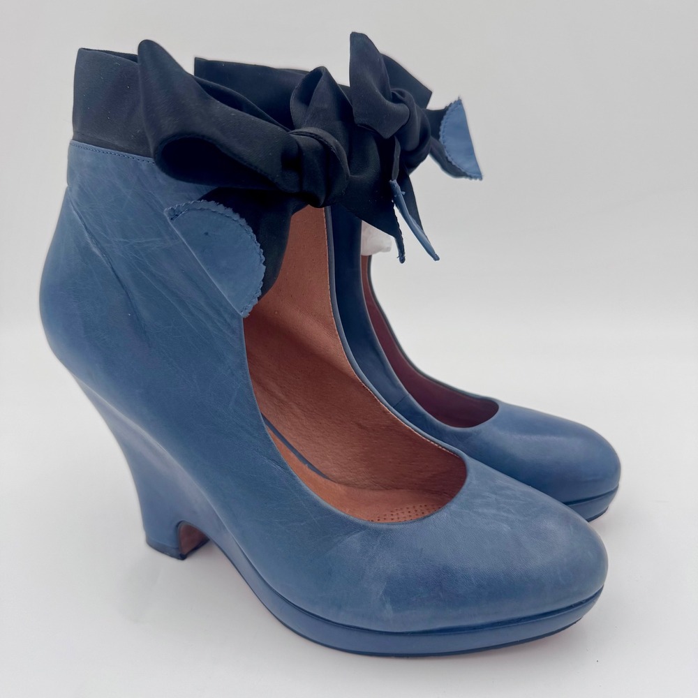 CC Corso Como Blue Leather Wedge Pumps Ankle Bow Platform Heels Brazil Size 8